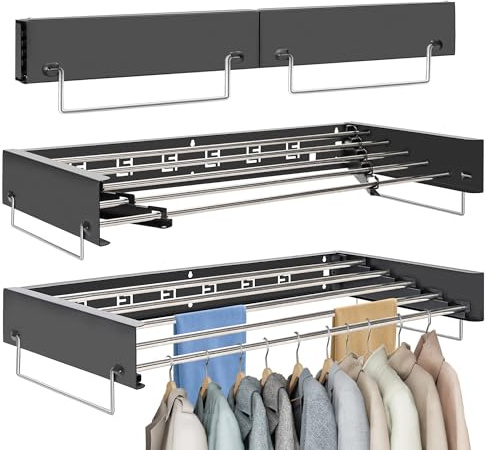 Wandmontierter Wäschetrockner mit 80 cm Langen Stäben,Klappbarer (Schwarz) | Platzsparende Wandmontage、5 Aufhängelinien für Kleidung、klappbar bei Nichtgebrauch für kleine Räume