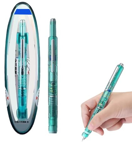 Fountain Pen Retractable:0.38mm Blue&Black Ink Transparent Barrel Includes 5 Refillable Inks Cartridges, Ergonomic Grip for Everyday Use (Green Pen Body, Black Ink)
