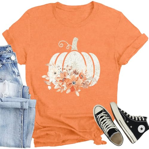 SUWATOIN Halloween T Shirt for Women Pumpkin Leopard Print Tops Shirts Short Sleeve Casual Loose Tee Orange