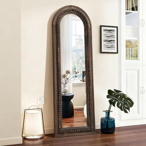 MWAZZLL Mirror Full Length with Retro Beaded Wooden Framed Arched Large Decorative Floor Mirrors 149x50cm for Bedroom Living Room Entryway Bathroom Hallway