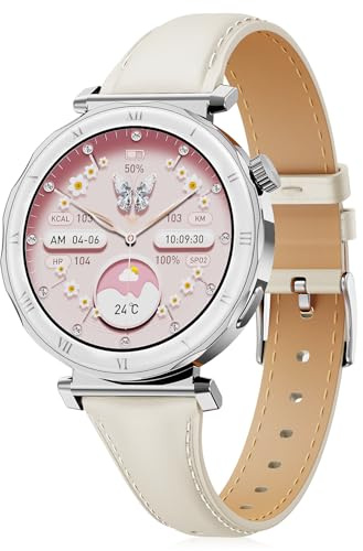 BOALZETD Smartwatch Damen - Eleganz im Kleinen mit 1,19 AMOLED Display & Schmalem Lederarmband, Fitnessuhr mit Schrittzähler, Sportmodi, Puls/SpO2/Schlafmonitor für iOS/Android, Silber/Polarstern