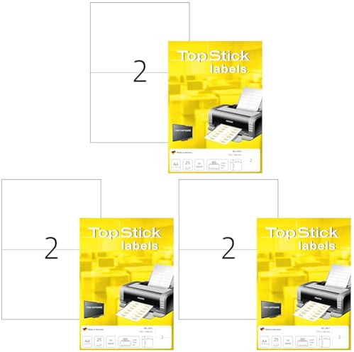 TopStick 8411 Universal Etiketten, 25 Blatt, 210 x 148 mm, 2 pro A4 Bogen, 25 Stück, selbstklebend, bedruckbar, matt, blanko Papier Klebeetiketten Aufkleber, weiß (Packung mit 3)
