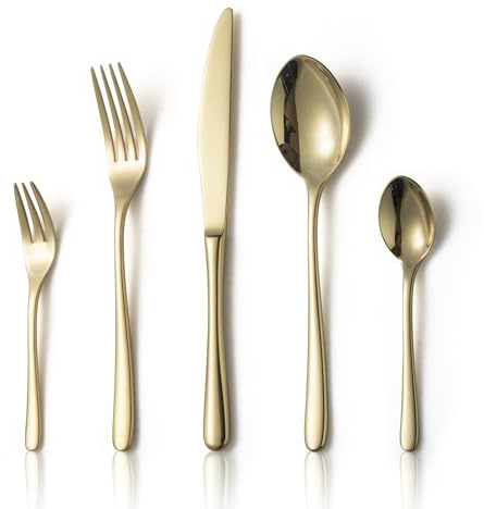 Alata Vienna 18/10 Edelstahl Poliert, Besteck Set 12 Personen Champagner Gold, Essbesteck 60 teilig, Glänzend, Spülmaschinenfest, Geschenk für Mama, Edle Box