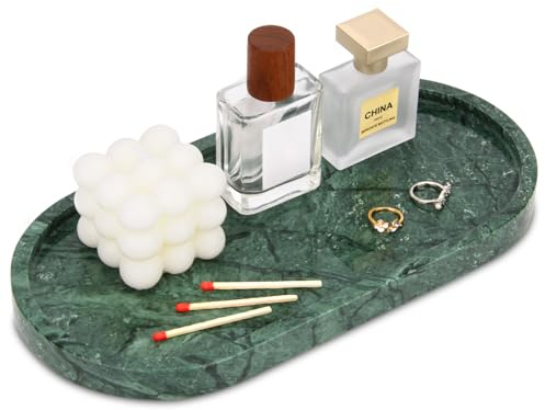 Blackish Green Marble Tray, Oval Natural Luxury Marble Home Kitchen Bathroom Vanity Table Tray, Stone Decorative Countertop Serving Trays for Coffee Perfume Jewelry Makeup Key 30 x 15 cm