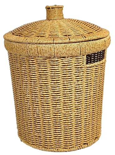 Lawnrden Poubelle de salle de bain en osier, poubelle en rotin 9, 5 x 12, 6 pouces en osier rond avec couvercle et poignée pour chambre à coucher, dortoir, bureau, buanderie