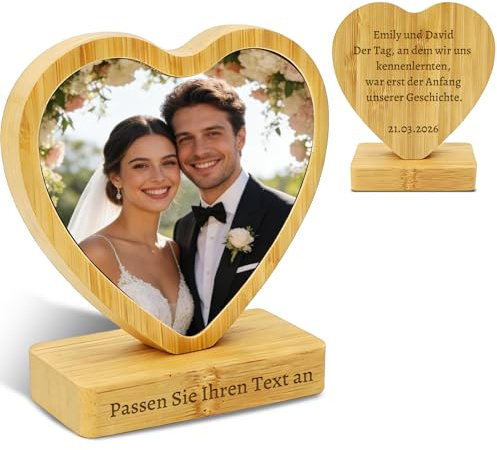 WBW Personalisierter Gravierter Drehbarer Bambus Foto Rahmen, Magnetischer Abnehmbarer Holz Rahmen für Familie, Hochzeit, Baby Party, Abschlussgeschenke für Ihn, Sie, Paare (Herz)