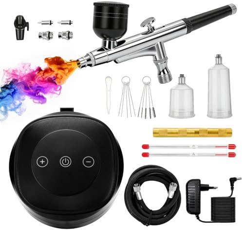 Airbrush Set mit Kompressor, Dual-Action Airbrushpistole mit 3 Druckstufen (25/38/48 PSI), Tragbares Airbrush Kit für Modellbau, Nailart, Make-up, Kuchendekoration & DIY-Projekte