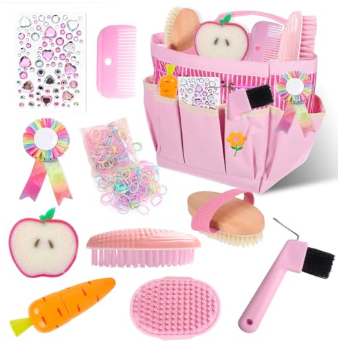 YYSWSAKY 11 Stück Pferde Putzbox Spielzeug, Putzkasten Pferd Kinder mit Tasche, Bürsten, Kamm und Hufkratzer, Pferdeputzzeug Rosa für Mädchen, Vorgetäuschtes Spielmaterial, Magic Brush Horse Geschenk