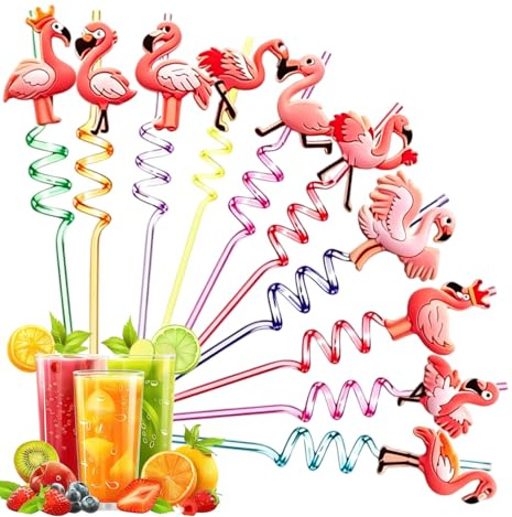 OPVYAEU 10 Stück Flamingo Strohhalme Kinder, Wiederverwendbare Spiral Trinkhalme Bunt, Flamingo Deko für Kindergeburtstag, Sommerparty & Cocktail Zubehör, Lockige Kunststoff Trinkhalme 25cm