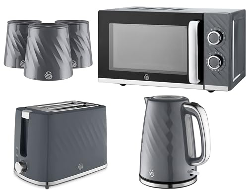 Swan Windsor Grey 6 Piece Kitchen Appliance & Storage Set – 1.7L 3KW Kettle, 2 Slice Toaster, 20L 800W Microwave & Canisters Bundle Set – Textured Gloss Finish with Chrome Accents