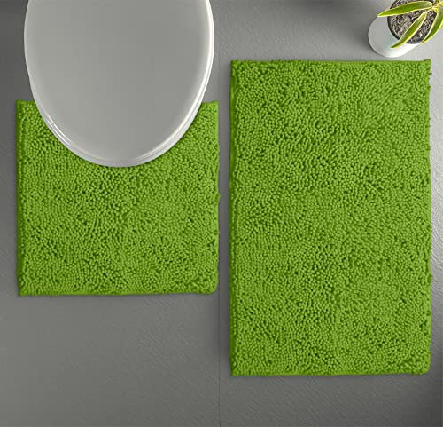 LuxUrux Bad Teppiche Luxus Chenille (2-Teilig) Badematte Set, Weiche Plüsch Anti-Rutsch-Bad Teppich + Toilettenmatte.1 '' Mikrofaser Zotteligen Teppich, Super Saugfähig |Grün|Gebogener Satz