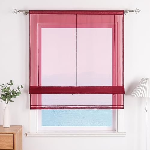 ESLIR Raffrollo Küche Raffgardine mit Tunnelzug Bändchenrollo Weiß Voile Gardinen Transparent Weinrot BxH 60x155cm 1 Stück