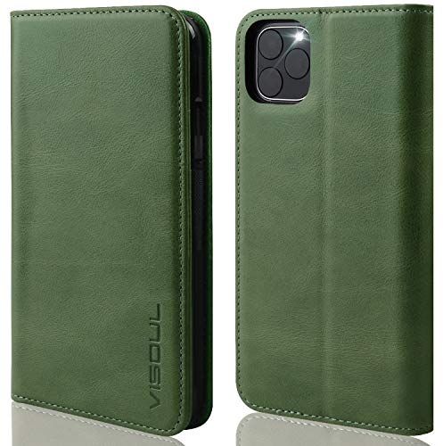 VISOUL iPhone 11 Pro Max Hülle, Stoßfeste Handyhülle [Auto Sleep/Wake][100% Leder] [RFID Blocker], TPU Schutzhülle Kartenfach Magnet Stand, Lederhülle Klapphüllen für iPhone 11 Pro Max (6,5) Grün