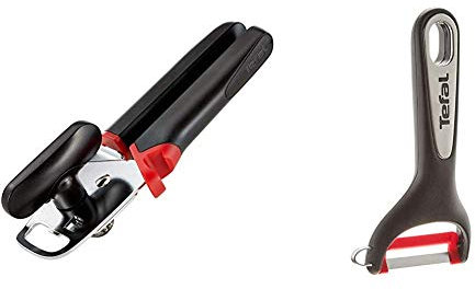 Tefal K2070514 Ingenio Ouvre-Boîte de conserve ustensile de cuisine noir et rouge & K2071814 Ingenio Eplucheur Fruit et Légumes à lame curvée ustensile de cuisine noir et rouge