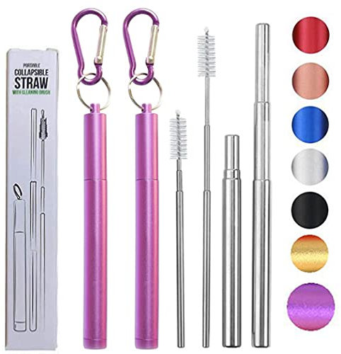 Hoshen wiederverwendbarer dreiteiliger faltbarer Metallstrohhalm, tragbarer Outdoor-Teleskopstroh, einschließlich Strohbürste und kleinem Kletterhaken (Metallschale), Rosa,2 Packungen