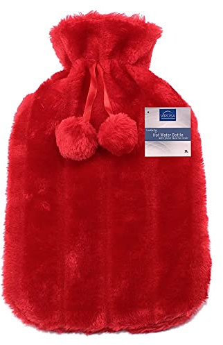 VIROSA Luxury Hot Water Bottle with Soft Faux Fur Cover & Pom Poms – 2 Litre Large Leakproof Rubber Bottle for Neck, Shoulder, Back Pain Relief & Hand and Feet Warmer (Red)