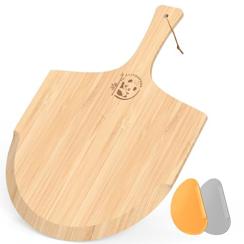 Bamboo Wood Pizza Peel with 2 Dough Cutters, Wooden Pizza Paddle 12 L x 11.6 W Plate with 5.3 L Handles, Wooden Pizza Peel for Transferring & Serving Homemade Pizza, Cutting Board