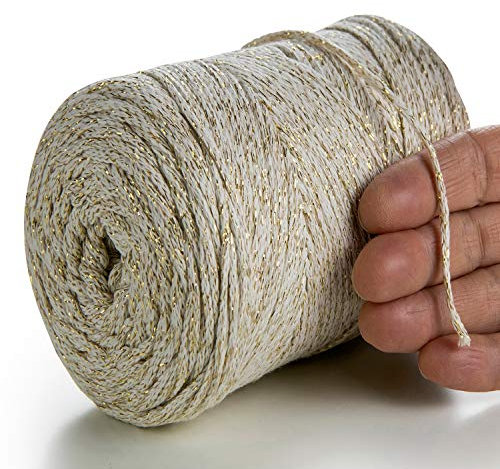 MeriWoolArt® Metallische Makramee Garn 2mm x 225m Farbig für Schnur Schmuckherstellung, Makramee Accessoires Schmuck - Boho Makramee Seil Garn - Glanz Lurex Recyceltes Baumwollgarn (Lurex Beige)