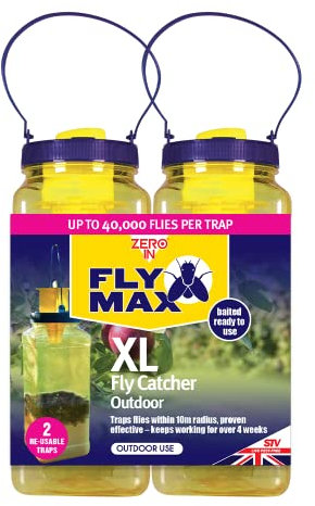 Zero In Fly Max XL Fly Catcher - Twinpack, Effective Flytrap, Refillable Insect Attractant for Outdoor Use, Covers up to 10m Radius