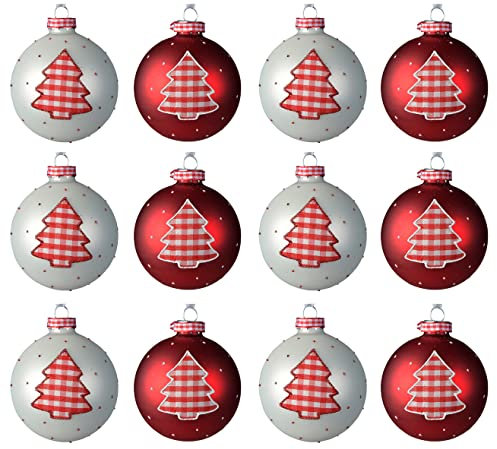 Kaemingk Weihnachtskugeln Glas 8cm x 12 Stück Karomuster Tannenbaum Motiv Christbaumkugeln Rot Weiß