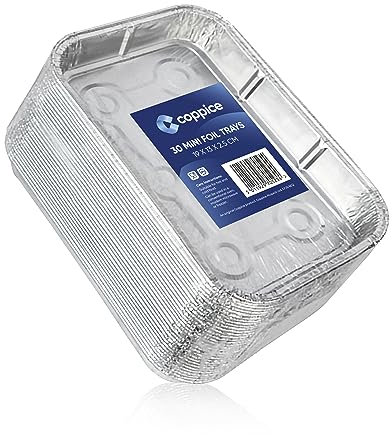 Coppice Bandejas de Aluminio Pequeñas para Hornear, Asar, BBQ, Parrilla y Almacenamiento de Alimentos | 19 x 13 x 2,5 cm | Apto para Congelador, Microondas y Horno (Paquete de 30)