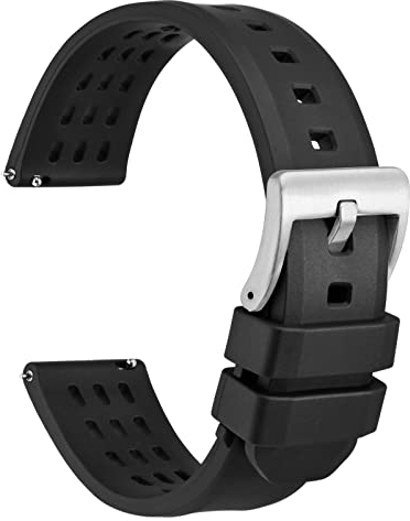 WOCCI 22mm Rallye Uhrenarmband, FKM Gummi Armband, Schnellverschluss, Silberne Gebürstete Schnalle (Schwarz)