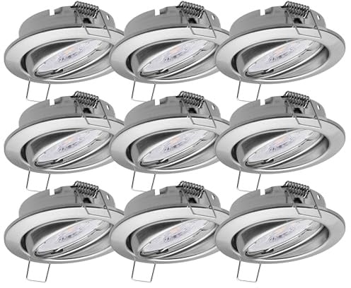 Oktaplex 9er Set Dijon LED Deckenspots 230V schwenkbar 22mm Einbautiefe | Warmweiß 3000K, Lochmaß 68mm, 4,8W, 380lm, 110°, Einbaustrahler Edelstahl gebürstet ultra flach