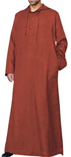 Jacansi Baumwolle Knopf Lose Langarm Kaftan Herren Lang Einfarbig Roben mit Taschen Ziegelrot 3XL