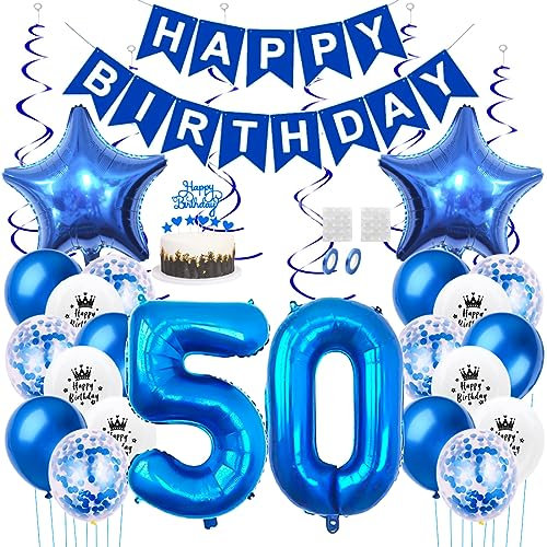 Daimay 50. Geburtstag Dekorationen Blau Geburtstagsdeko Mann Frauen Happy Birthday Banner Konfetti Luftballons Nummer Folienballons Stern Mylar Ballon Tortendeko für 50 Jahre Geburtstagsdeko