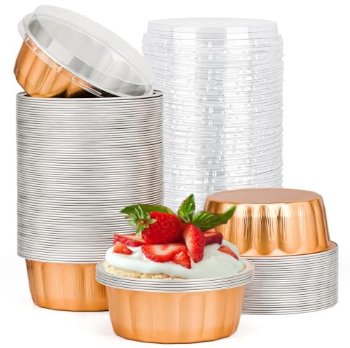 Beasea Lot de 100 ramequins jetables de 236,8 g en aluminium doré rose avec couvercles, pour crème brûlée, muffins, cupcakes, pudding pour fête, mariage, anniversaire