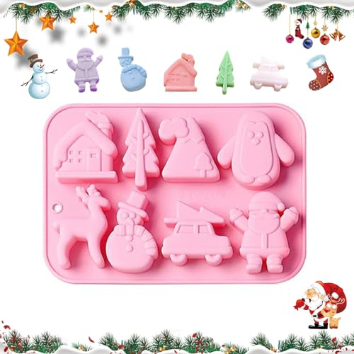 Vordpe Weihnachten Schokoladenformen, 8 Hohlräume Silikon Backform Weihnachten, 3D Wiederverwendbar Silikonformen, für DIY Schokolade Kuchen Gelee Süßigkeiten(D)