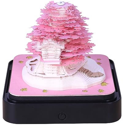 Calendrier 3D à déchirer 2025, calendrier de bureau avec lumières, mémo 3D papier art sakura, arbre créatif, bloc-notes 3D, papier sculpté, cadeau, décoration de bureau (maison d'arbre rose)