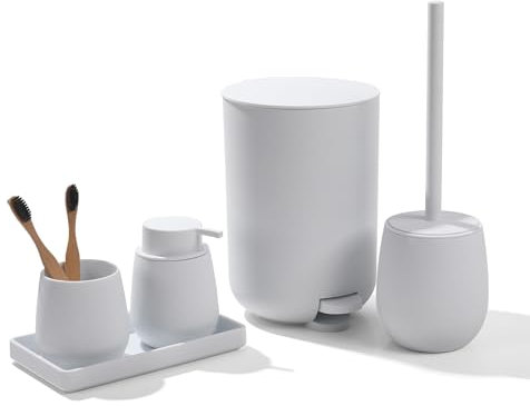 AJEUNGAIN Juego de Baño Accesorios Completo, Set de Baño Moderno - Dispensador de Jabón, Soporte Cepillo de Dientes, Cubos de Basura para Baño, Escobillero, Bandeja para Organizar (Blanco-5 Piezas)