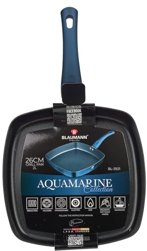 BLAUMANN Cookware Bratpfanne, Stielkasserolle, Soft-Touch-Griff, Deckel (Aquamarin, 26 cm, gerippte Grillpfanne, 2 l)
