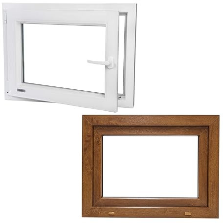 Plastica/cantina/garage/finestre in PVC a buon mercato effetto legno di alta qualità Salamander girevole ribaltabile 2 vetri interni bianco esterno rovere dorato 40 x 40 cm 400 x 400 mm DIN sinistra