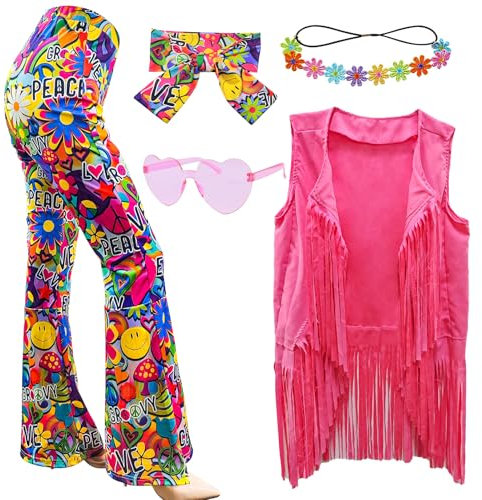XonyiCos 6 Stück 60er 70er Jahre Hippie Kostüm Disco Outfits Fransenweste Boho Schlaghosen Frieden Zubehör Set Halloween für Frauen Karnevalskostüm (Frieden Liebe, XXL)