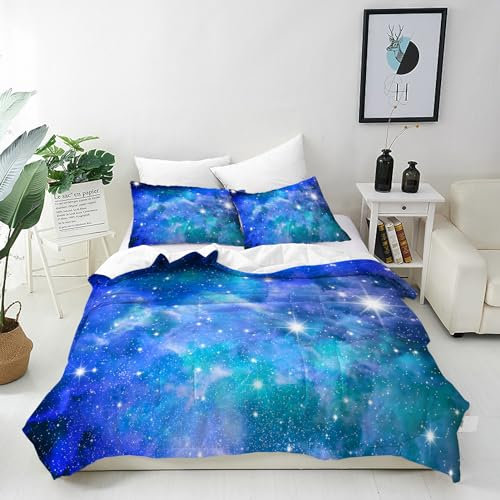 ANHOPE Blue Galaxie Nebel Sterne Bettwäsche Set 3 Teilig Bettbezug 155x220 cm + 2 Kissenbezug 80x80 cm Weich Microfaser Bettbezüge Set mit Reißverschluss Bettdeckenbezug für Kinder Jungen Mädchen