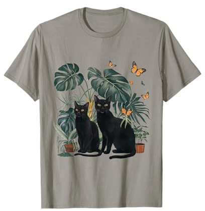 Mädchen schwarze Katze Gartenarbeit für Frauen mit Monstera-Pflanzen Mütter T-Shirt