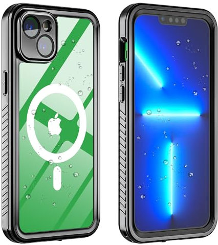 WELANGLE IP68 Waterproof Magnetic Case for iPhone 14 Plus, 360° Full Body Waterproof dustproof,Built-in Screen Protector,Compatible with magsafe Cover iphone14+ Clear/Black (for iPhone 14 Plus)