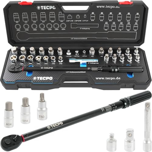 TECPO Drehmomentschlüssel Set 1/2 Zoll, 50-350 Nm, 72 Zähne Mechanik, kalibriert, hohe Präzision von ±3%, im Systemkoffer, Schlüssel Bit Verlängerung Nuss für Reifen, Montage, Auto, Motorrad, LKW