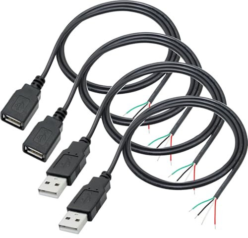 RUNCCI-YUN 4 Piezas Pigtail Cable USB 2.0 de 28AWG Macho Hembra de 4 Pines,USB-A cable de alimentación Cable desnudo,conector USB de soldadura 5V 2A para Equipo USB Instalado o DIY Reempla 100cm