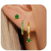 Auiremrti Lot de 3 paires de boucles d'oreilles en or 14 carats pour femme - En argent sterling 925 hypoallergénique - Zircon vert - Empilables - Pour plusieurs trous d'oreille, L