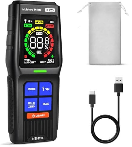 KENMIC Feuchtigkeitsmessgerät für Wände, Stiftlose Feuchtigkeitsmesser mit LCD-Anzeige und Akustischem Alarm, Holzfeuchtigkeitsmessgerät für Holz oder Baustoffe, 4 Modi, Erkennung bis 19 mm Tiefe