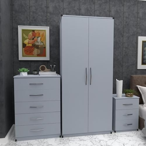 Ready 3-Piece Bedroom Furniture Set, 2-Door Wardrobe 78cm, 5-Drawer Chest 72cm, 3-Drawer Bedside 40cm (Silver)