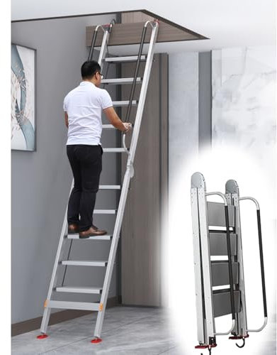 Scala per Soppalco Scale Soppalco Pieghevoli Portanti, Scala Soppalco Antincendio Salvaspazio da 8 a 14 Gradini, Scala di Uscita dal Sottotetto in Alluminio per Stanze Al Piano Inferiore(8 step-257cm(