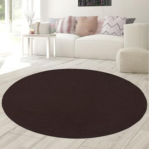 Teppich-Traum Teppich Hochflor Wohnzimmer Schlafzimmer Gästezimmerteppich Pflegeleicht Strapazierfähig einfarbig rund in braun 120 cm Rund
