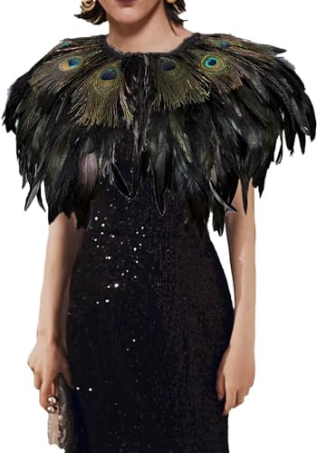 Yoodeet Handgemachte Feder Schal Pfau Feder Cape Kragen, schwarze Federn mit irisierenden Augen, Gothic Kostüm Zubehör Vielseitige Kopfstück Braut Zubehör Theaterkostüm
