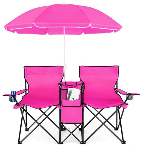 COSTWAY Chaise de Camping Pliante, Fauteuil de Jardin 2 Places avec Glacière, Porte-gobelet, Parasol, Sac,160 x 54 x 178 cm, Charge 120 KG, pour Randonnée, Plage, Pêche (Rose,2 Places)