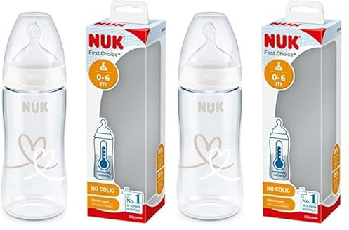 NUK First Choice+ biberon | 0-6 mois | Contrôle de température | Tétine en silicone | Valve anti-coliques | Sans BPA | 300 ml (Lot de 2)