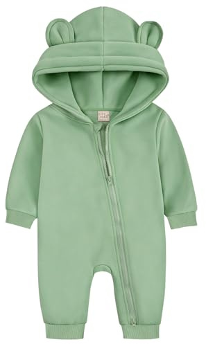 ABOHU Neugeborenes Baby Jungen Mädchen Strampler, Lange Ärmel Overall mit Bär Ohr und Kapuze, Säuglings Frühling Herbst Body, Reißverschluss Bodysuit Baby Schlafanzug Einteilige 0-6 Monate